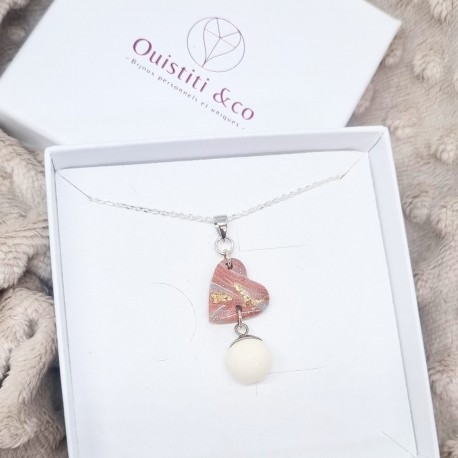 Collier avec pendentif cœur & polymère et perle contenant votre lait maternel CP03